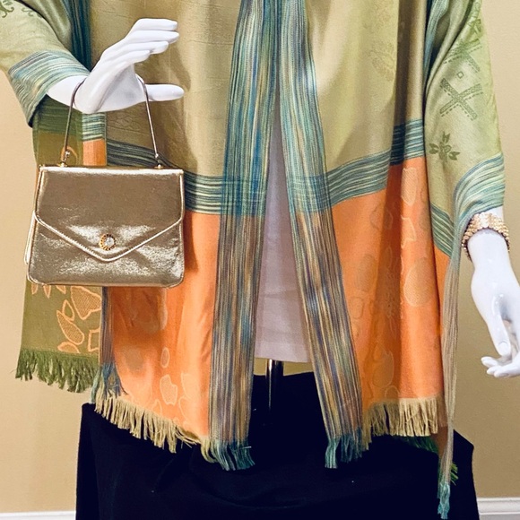 🌟HP🌟NWOT Green, Orange & Yellow Silk & Wool Pashmina Wrap OSFM - Picture 3 of 10